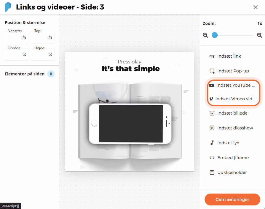 Indsæt video-menu med mulighederne Indsæt YouTube og Indsæt Vimeo fremhævet til højre. Indsæt video-menu med mulighederne Indsæt YouTube og Indsæt Vimeo fremhævet til højre.