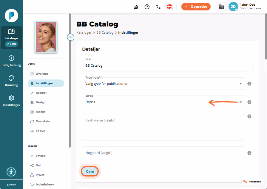 BB Catalog-indstillingsside viser rullemenuen “Flipbook viewer language” og den fremhævede knap Gem.