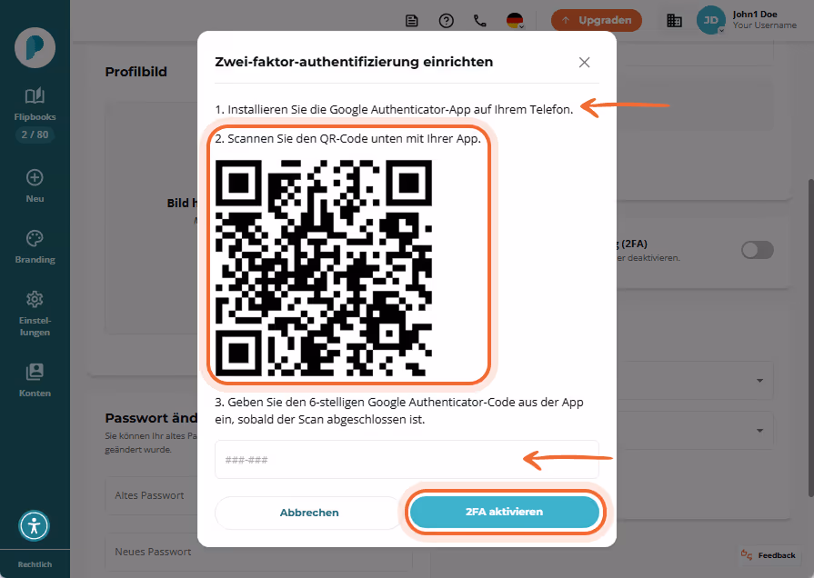 Popupfenster mit QR-Code und Anweisungen zur Einrichtung der Zwei-Faktor-Authentifizierung Popupfenster mit QR-Code und Anweisungen zur Einrichtung der Zwei-Faktor-Authentifizierung