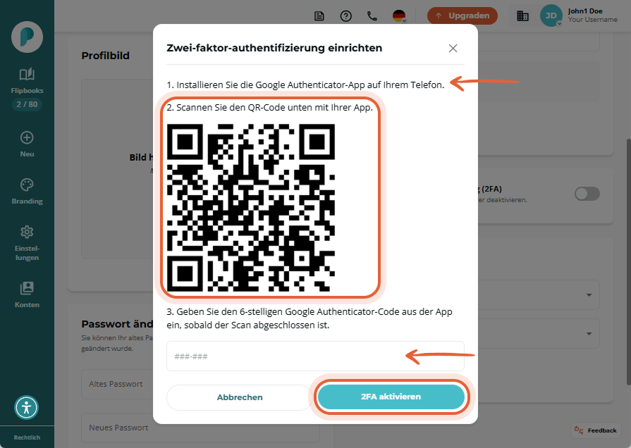 Popupfenster mit QR-Code und Anweisungen zur Einrichtung der Zwei-Faktor-Authentifizierung