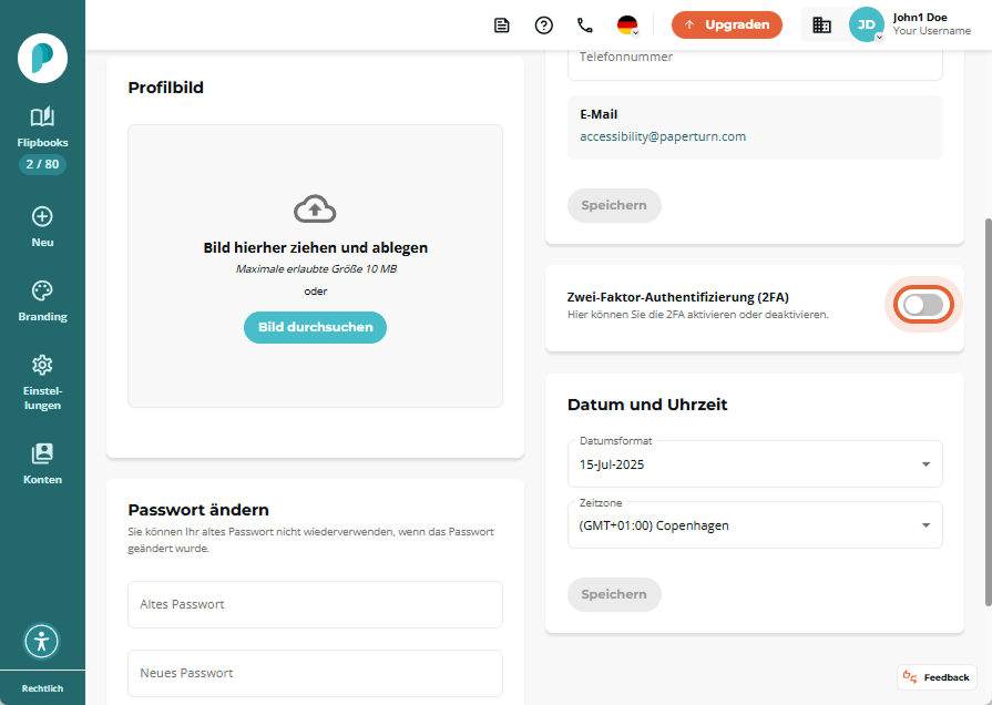 2FA-Schalter deaktiviert im Panel Persönliche Einstellungen