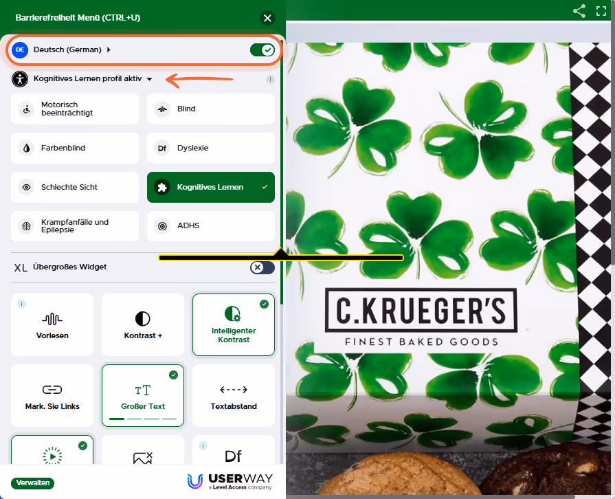 Barrierefreiheitsmenü im Flipbook geöffnet, mit Optionen wie Bildschirmleser, Kontrast, Dyslexie-Mod