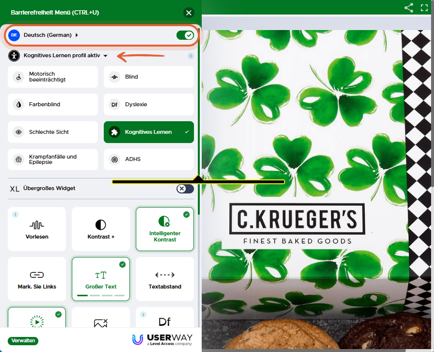 Barrierefreiheitsmenü im Flipbook geöffnet, mit Optionen wie Bildschirmleser, Kontrast, Dyslexie-Mod