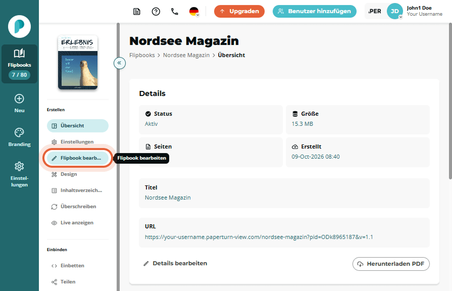 Paperturn-Dashboard mit hervorgehobener Schaltfläche Flipbook bearbeiten
