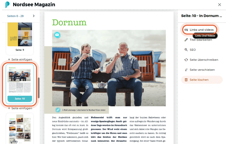 Editor mit hervorgehobener Seite und der Schaltfläche Links und videos