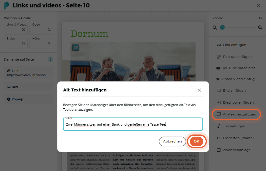 Hervorgehobene Schaltfläche Alt-Text hinzufügen mit einem Beispiel des Pop-up-Fensters und hervorgehobener OK-Schaltfläche