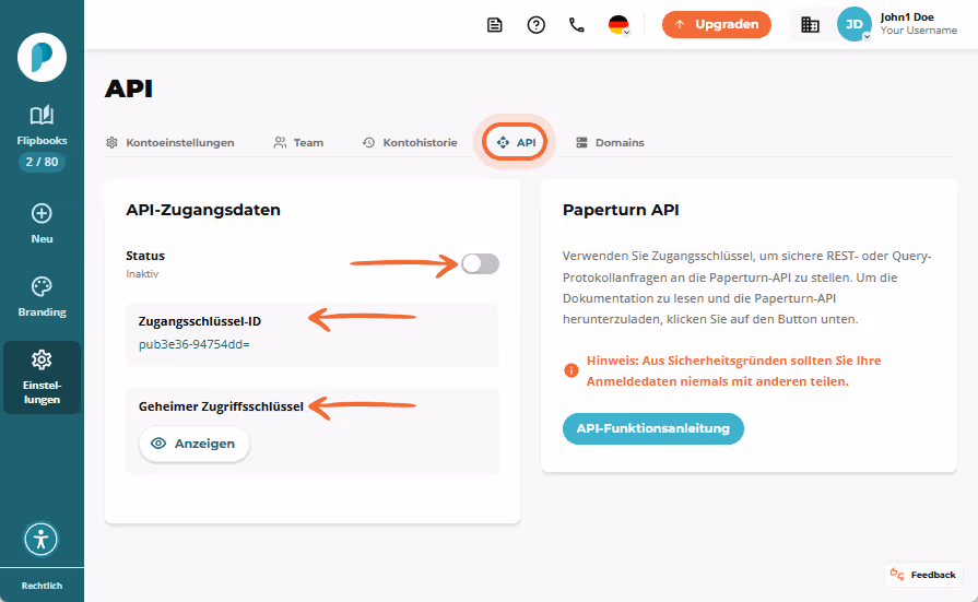 API-Einstellungsseite mit inaktivem Status-Schalter sowie Feldern „Access key ID“ und verborgenem „S