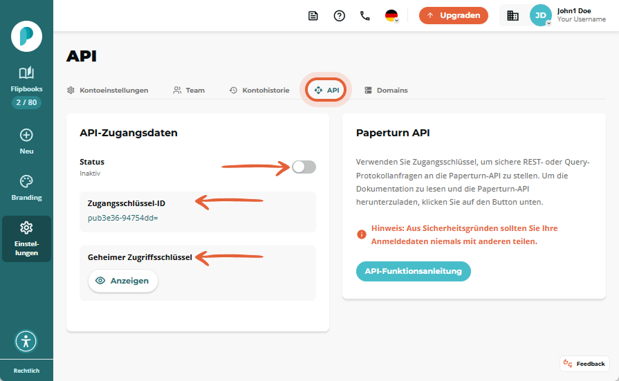 API-Einstellungsseite mit inaktivem Status-Schalter sowie Feldern „Access key ID“ und verborgenem „S