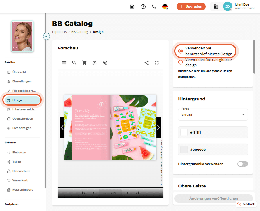 Designansicht von “BB Catalog” mit aktivem Design-Tab links und ausgewählter Option “Eigenes Design 