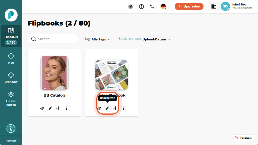 Flipbooks-Dashboard mit hervorgehobenem stiftförmigen Bearbeiten-Symbol unter der Miniatur “Sales Fl