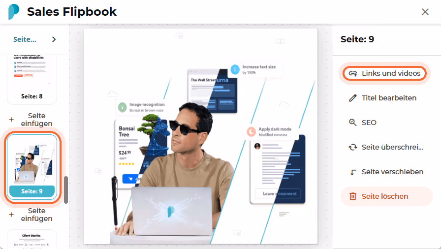 Seiteneditor für “Sales Flipbook”, Seite 9, bei dem die Seitenleistenoption “Links und Videos” ausge