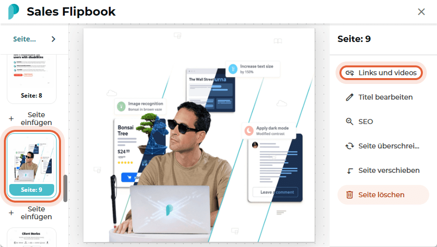 Seiteneditor für “Sales Flipbook”, Seite 9, bei dem die Seitenleistenoption “Links und Videos” ausge