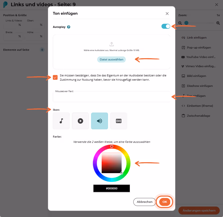 Dialog “Sound einfügen” mit Dateiupload-Bereich, Autoplay-Schalter, Berechtigungs-Kontrollkästchen, 