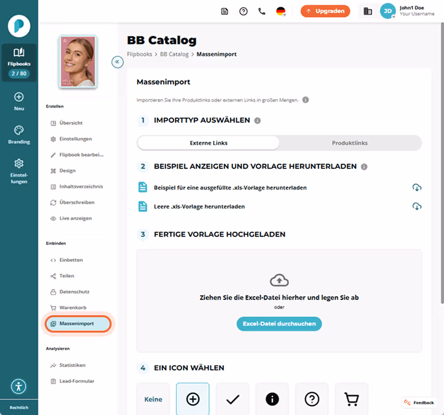 Bulk-Import-Panel von BB Catalog geöffnet; Menüpunkt „Bulk import“ in der linken Seitenleiste hervor