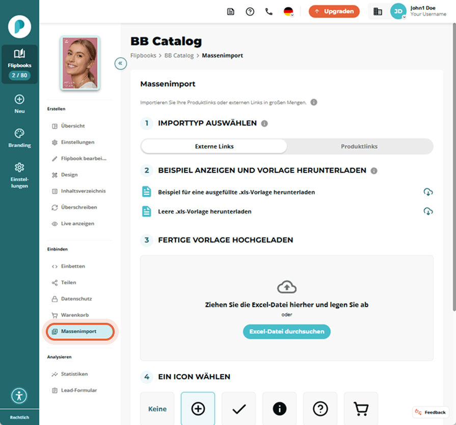 Bulk-Import-Panel von BB Catalog geöffnet; Menüpunkt „Bulk import“ in der linken Seitenleiste hervor
