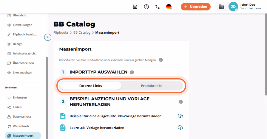 Bulk-Import Schritt 1 zeigt den hervorgehobenen Umschalter „External links“ vs. „Product links“.