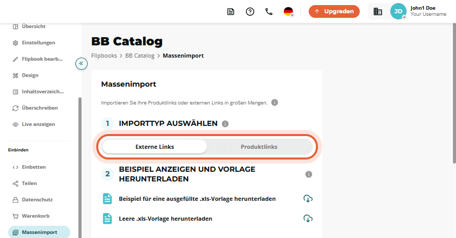 Bulk-Import Schritt 1 zeigt den hervorgehobenen Umschalter „External links“ vs. „Product links“.