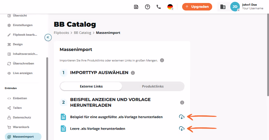 Bulk-Import Schritt 2 hebt Symbole zum Herunterladen von Beispiel- und leeren .xls-Vorlagen hervor.