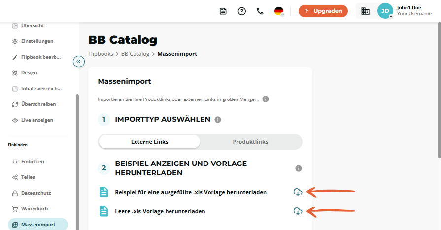 Bulk-Import Schritt 2 hebt Symbole zum Herunterladen von Beispiel- und leeren .xls-Vorlagen hervor.