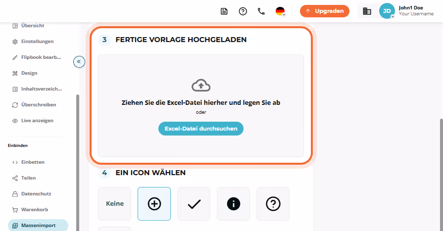 Bulk-Import Schritt 3 mit großem Drag-and-Drop-Uploadfeld für die ausgefüllte Excel-Datei hervorgeho