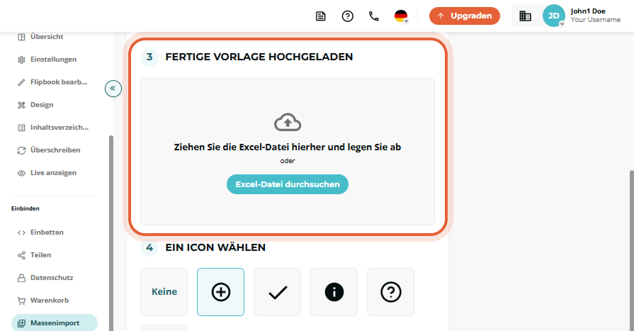 Bulk-Import Schritt 3 mit großem Drag-and-Drop-Uploadfeld für die ausgefüllte Excel-Datei hervorgeho