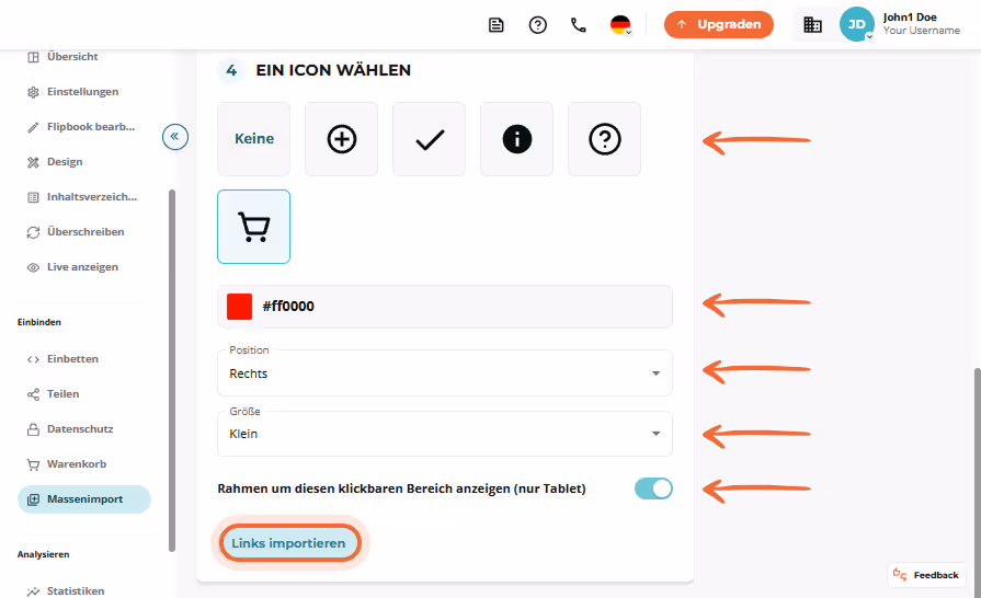 Bulk-Import Schritt 4 zeigt Symboloptionen, Warenkorb gewählt, und die Schaltfläche „Import links“ h