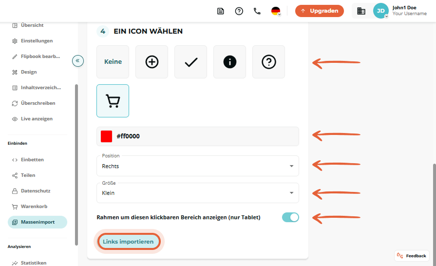 Bulk-Import Schritt 4 zeigt Symboloptionen, Warenkorb gewählt, und die Schaltfläche „Import links“ h