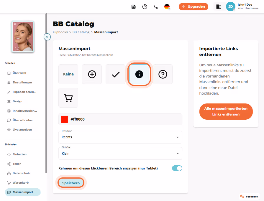 Bulk-Import-Panel zeigt bereits importierte Links an; Info-Symbol und untere „Save“-Schaltfläche her