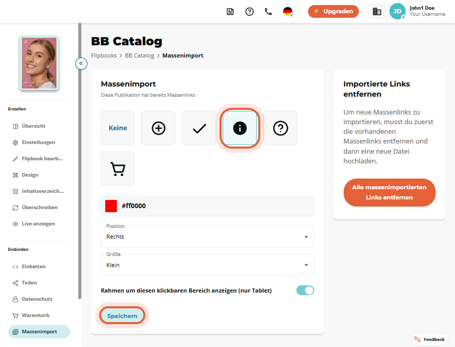 Bulk-Import-Panel zeigt bereits importierte Links an; Info-Symbol und untere „Save“-Schaltfläche her