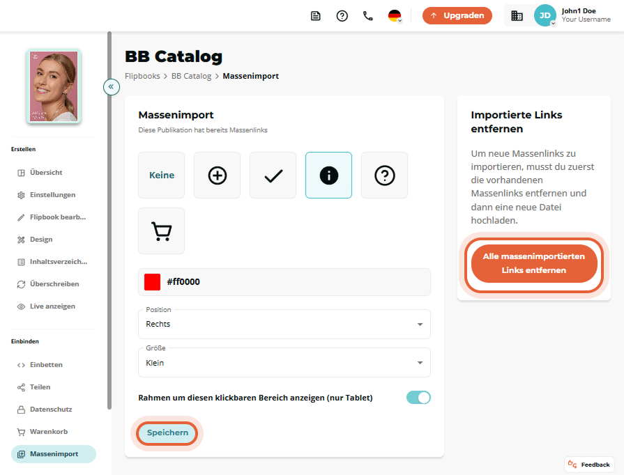 Bulk-Import-Panel mit roter Schaltfläche „Remove all bulk imported links“ hervorgehoben.