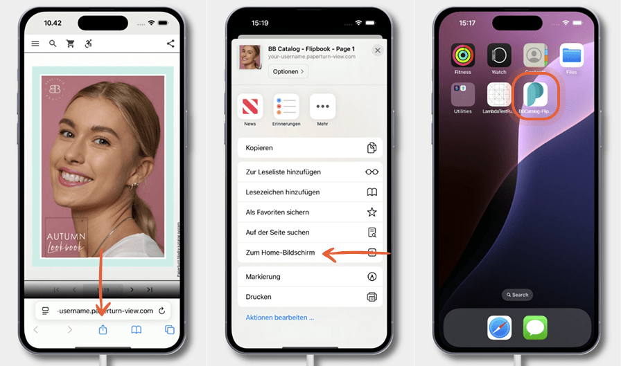 Drei iPhone-Bildschirme zeigen, wie man eine flipbook zum Startbildschirm hinzufügt: flipbook in Saf