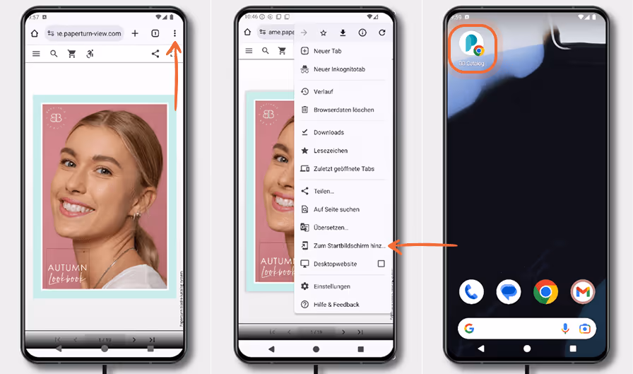 Drei Android-Bildschirme zeigen, wie man eine flipbook über Chrome zum Startbildschirm hinzufügt: fl Drei Android-Bildschirme zeigen, wie man eine flipbook über Chrome zum Startbildschirm hinzufügt: fl