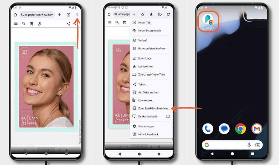 Drei Android-Bildschirme zeigen, wie man eine flipbook über Chrome zum Startbildschirm hinzufügt: fl