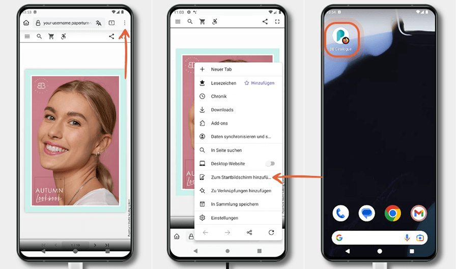 Drei Android-Bildschirme zeigen ein alternatives Chrome-Layout, um eine flipbook zum Startbildschirm