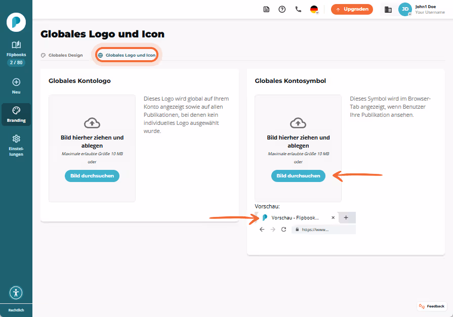 Bildschirm mit dem Paperturn-Dashboard im Bereich Branding. Der Tab „Globales Logo und Icon“ ist aus Bildschirm mit dem Paperturn-Dashboard im Bereich Branding. Der Tab „Globales Logo und Icon“ ist aus