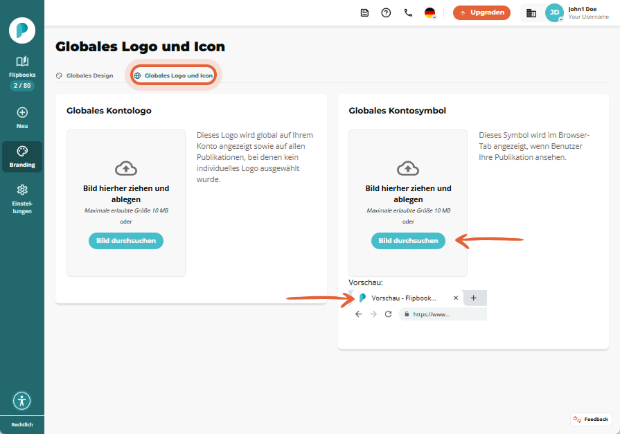 Bildschirm mit dem Paperturn-Dashboard im Bereich Branding. Der Tab „Globales Logo und Icon“ ist aus