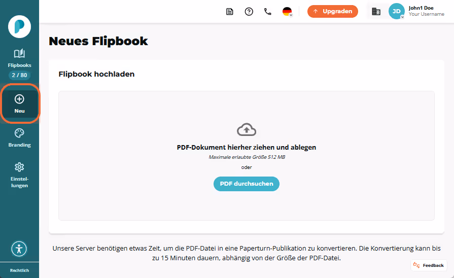 Das Papeturn Dashboard öffnet sich auf der Seite Neues Flipbook. In der linken Seitenleiste stehen d Das Papeturn Dashboard öffnet sich auf der Seite Neues Flipbook. In der linken Seitenleiste stehen d