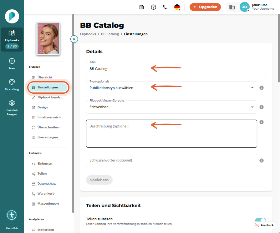 Seite Flipbook Einstellungen mit angezeigt Abschnitt Details. Bearbeitbare Felder für Titel Publikat