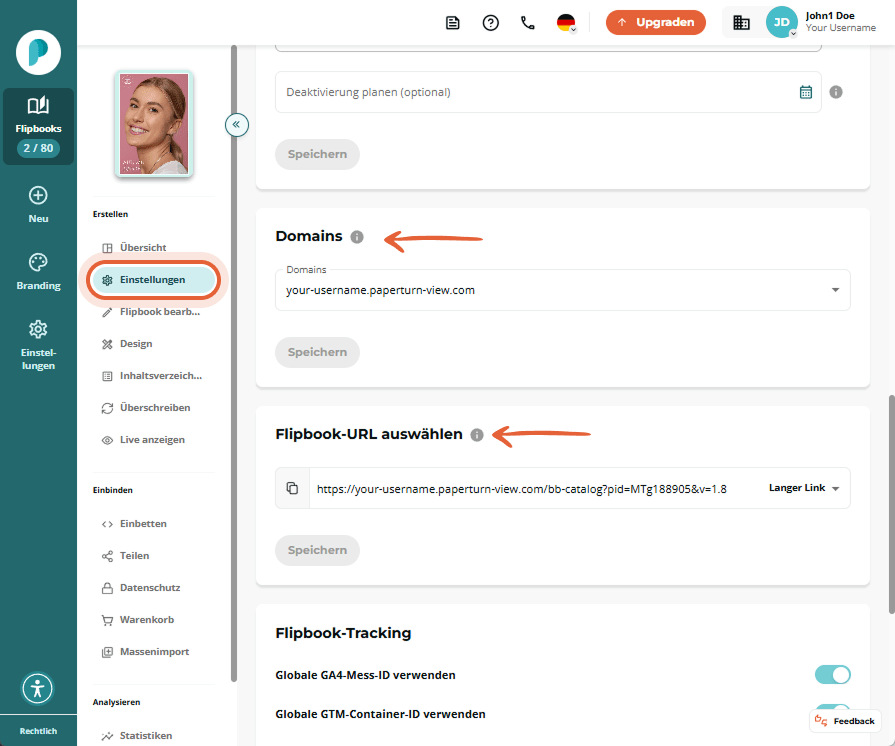 Abschnitt Domänen und Flipbook URL wählen auf der Einstellungsseite. Ein Dropdown zeigt das Standard Abschnitt Domänen und Flipbook URL wählen auf der Einstellungsseite. Ein Dropdown zeigt das Standard
