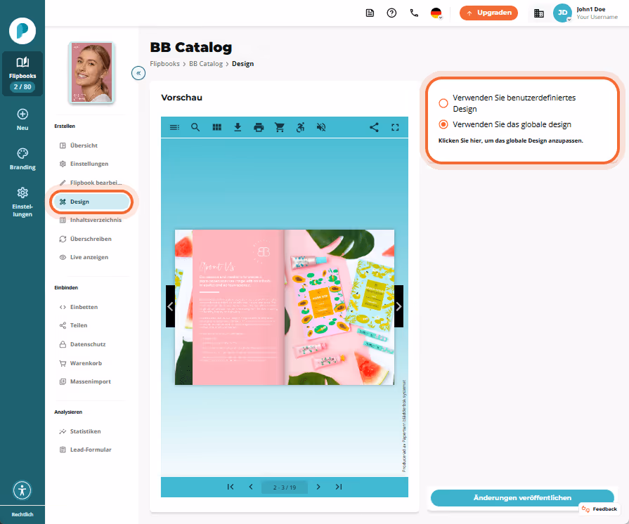 Design Seite für das Flipbook. Eine Flipbook Vorschau befindet sich in der Mitte während die rechte Design Seite für das Flipbook. Eine Flipbook Vorschau befindet sich in der Mitte während die rechte