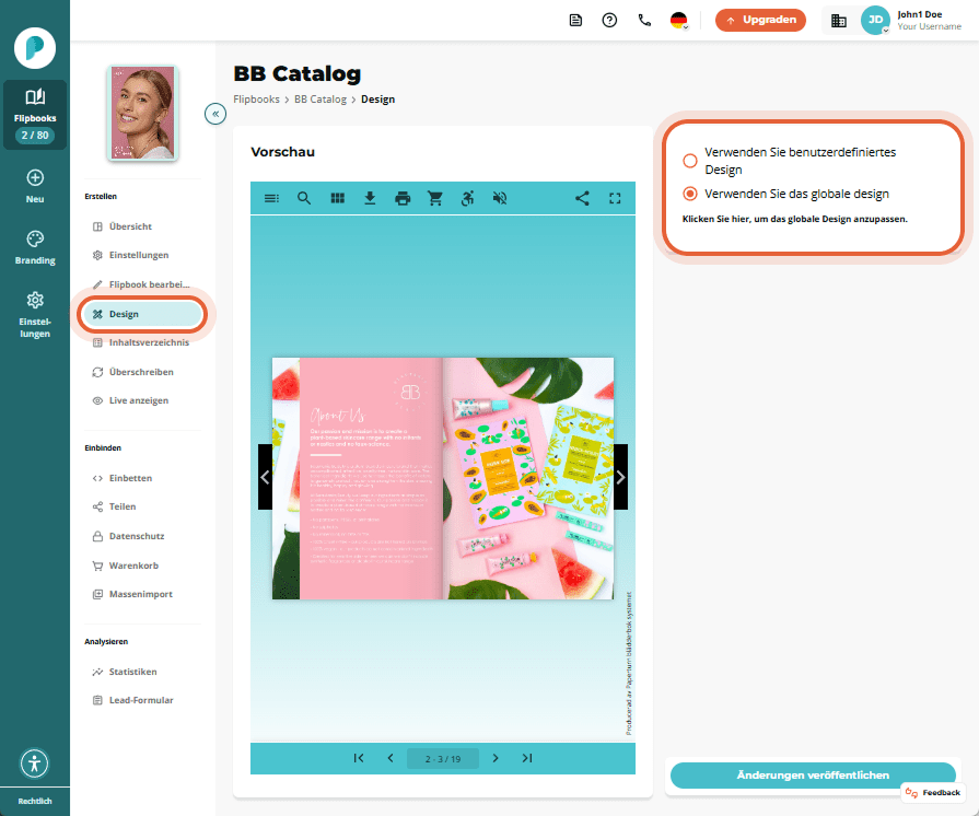 Design Seite für das Flipbook. Eine Flipbook Vorschau befindet sich in der Mitte während die rechte Design Seite für das Flipbook. Eine Flipbook Vorschau befindet sich in der Mitte während die rechte
