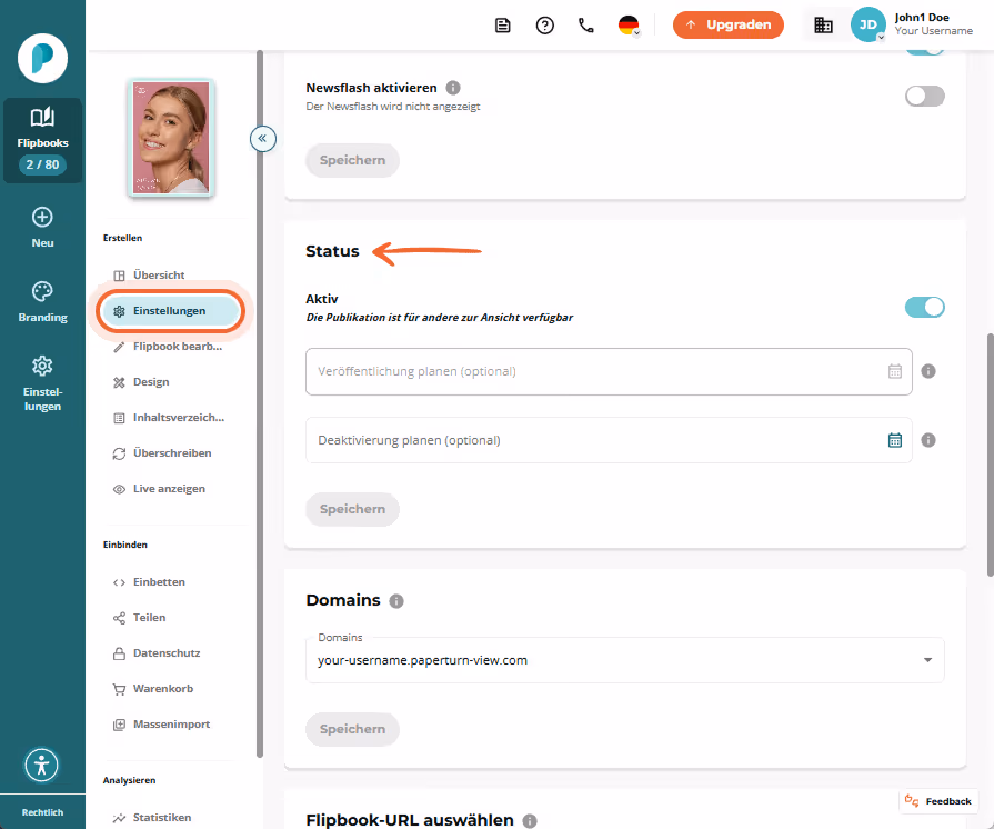Abschnitt Status in den Einstellungen. Der Schalter Aktiv ist eingeschaltet zwei optionale Datumswäh Abschnitt Status in den Einstellungen. Der Schalter Aktiv ist eingeschaltet zwei optionale Datumswäh