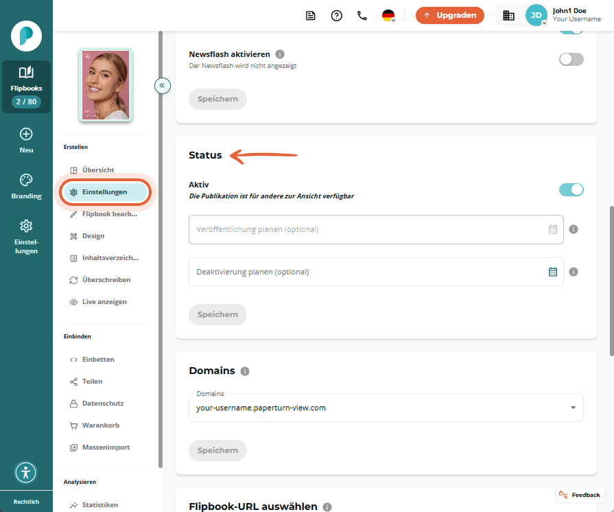 Abschnitt Status in den Einstellungen. Der Schalter Aktiv ist eingeschaltet zwei optionale Datumswäh Abschnitt Status in den Einstellungen. Der Schalter Aktiv ist eingeschaltet zwei optionale Datumswäh