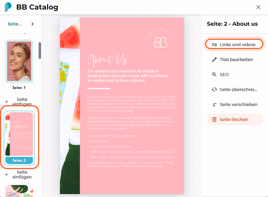 BB Catalog-Seiteneditor zeigt Seite 2 ausgewählt und die Seitenleistenoption „Links and videos“ herv