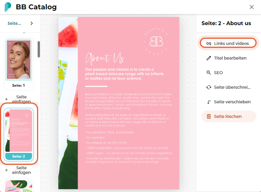 BB Catalog-Seiteneditor zeigt Seite 2 ausgewählt und die Seitenleistenoption „Links and videos“ herv