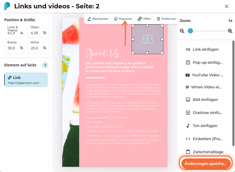 Modal „Links and videos“ mit ausgewähltem Logo-Link unter einer Kopier-Toolbar; die Schaltfläche „Sa