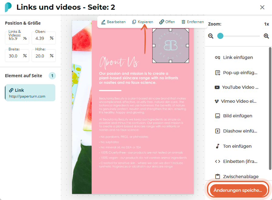 Modal „Links and videos“ mit ausgewähltem Logo-Link unter einer Kopier-Toolbar; die Schaltfläche „Sa