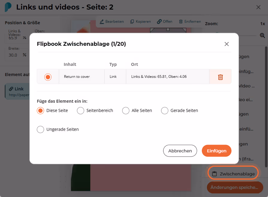 Flipbook-Zwischenablage-Dialog zeigt ein kopiertes Linkelement und Radiobuttons, wohin es eingefügt 