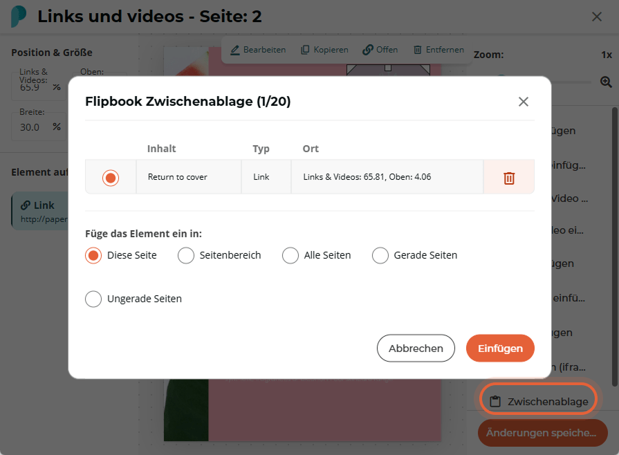 Flipbook-Zwischenablage-Dialog zeigt ein kopiertes Linkelement und Radiobuttons, wohin es eingefügt 