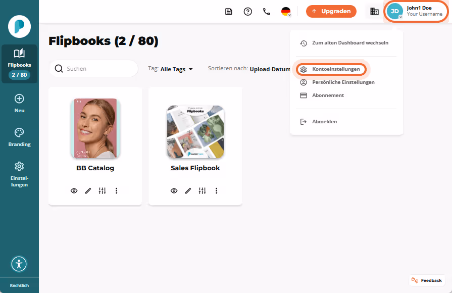Account-Dropdown mit der Option „Kontoeinstellungen“ auf dem Flipbooks-Dashboard hervorgehoben. Account-Dropdown mit der Option „Kontoeinstellungen“ auf dem Flipbooks-Dashboard hervorgehoben.